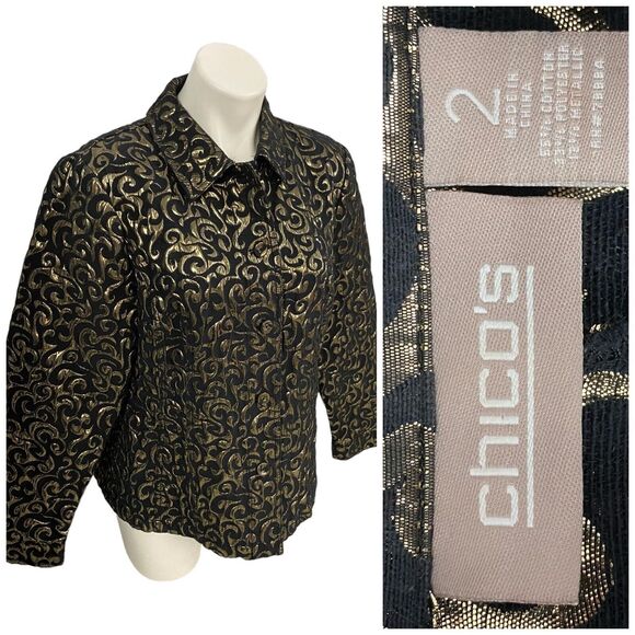 Chicos Blazer Womens Size 2 US 12 Gold Foil Party Holiday Work Office Jacket - Picture 4 of 16